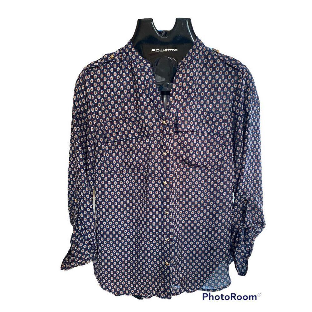 Womens New Direction sheer button up blouse tab sleeves size petite medium